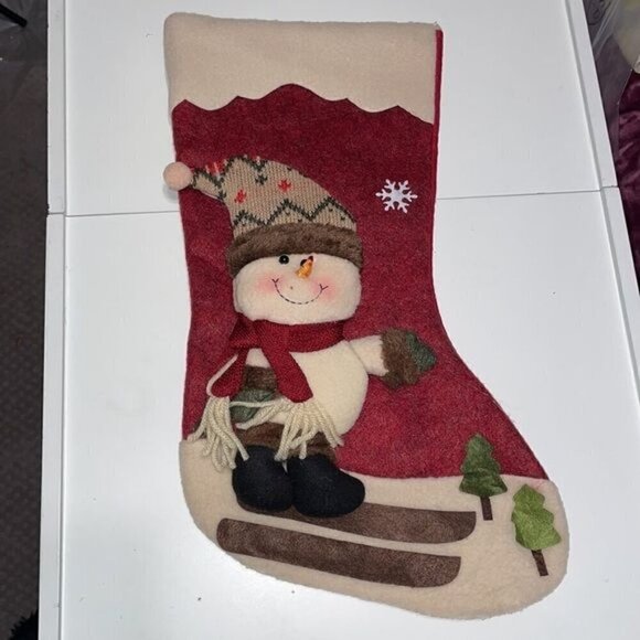 New 3D Plush Christmas Stocking Felt Snowman Snow Girl Skiing Red - Picture 1 of 5